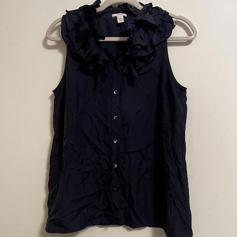J. CREW 100% Silk Size 8 Ruffle Neck Navy Blouse Women Feminine Cut Office Wear